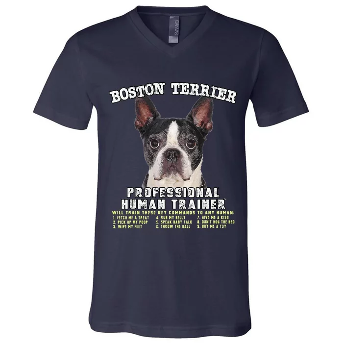 Boston Terrier Black Professional Human Trainer Cute Dog V-Neck T-Shirt