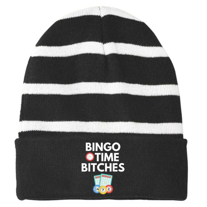 Bingo Time Bitches Funny Bingo Player Game Lover Humor Striped Beanie with Solid Band