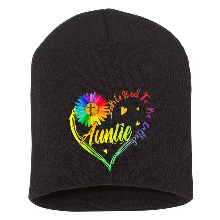 Blessed To Be Called Auntie Costume Heart Daisy Colorful Short Acrylic Beanie