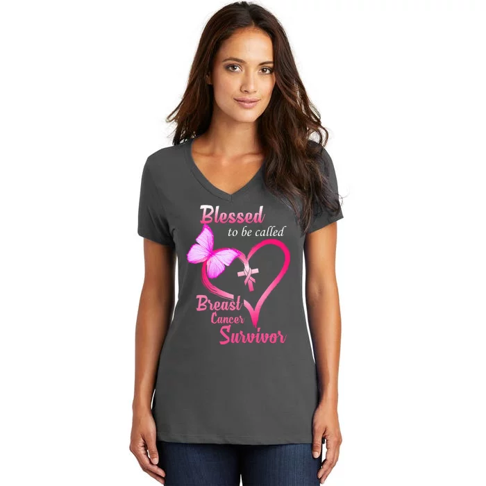 Blessed To Be Called Breast Cancer Survivor Butterfly Heart Women's V-Neck T-Shirt