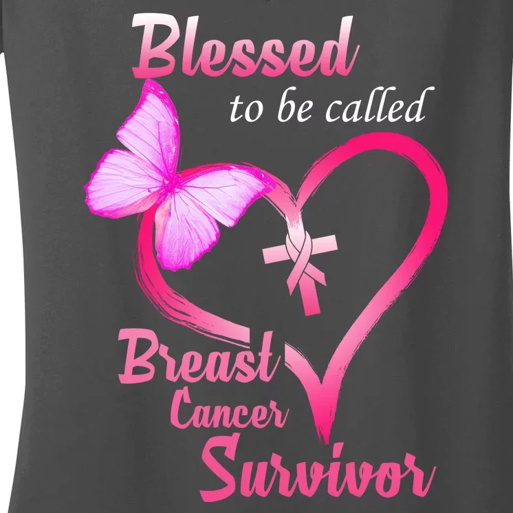 Blessed To Be Called Breast Cancer Survivor Butterfly Heart Women's V-Neck T-Shirt