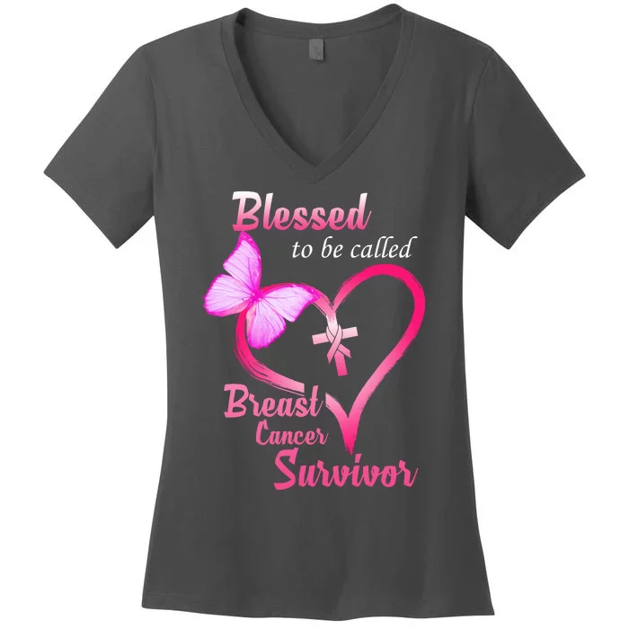 Blessed To Be Called Breast Cancer Survivor Butterfly Heart Women's V-Neck T-Shirt