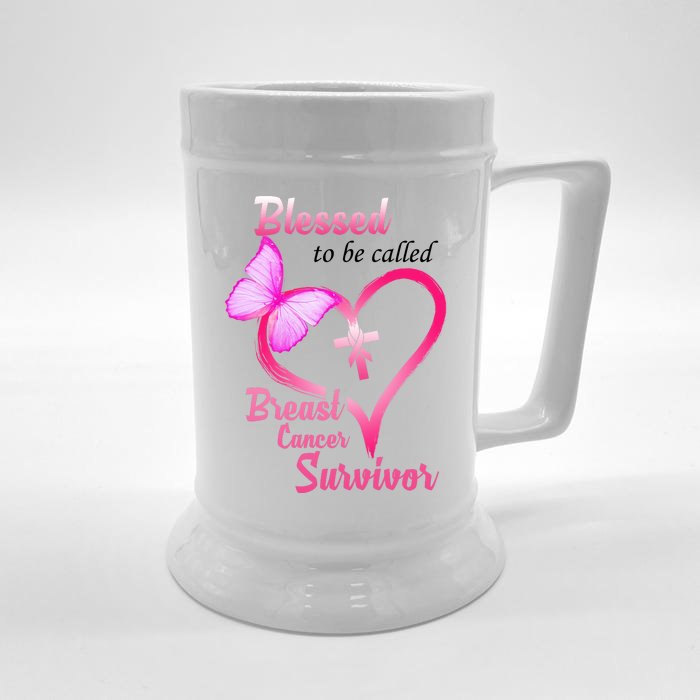 Blessed To Be Called Breast Cancer Survivor Butterfly Heart Front & Back Beer Stein