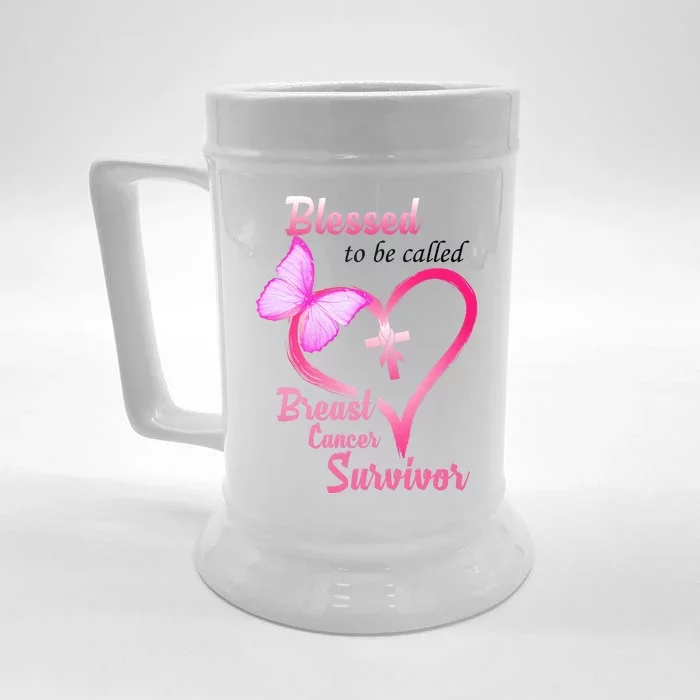 Blessed To Be Called Breast Cancer Survivor Butterfly Heart Front & Back Beer Stein