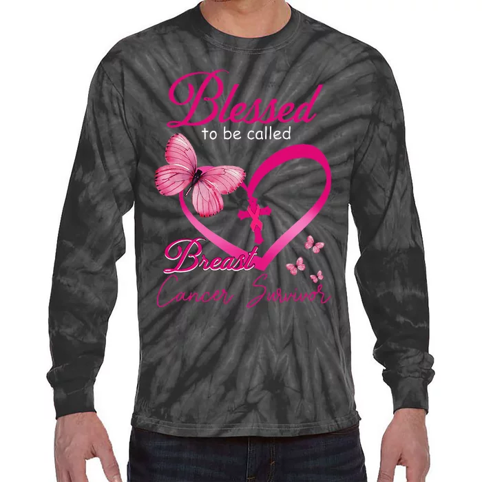 Blessed To Be Called Breast Cancer Survivor Pink Butterfly Tie-Dye Long Sleeve Shirt