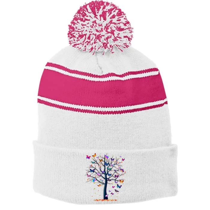 Butterfly Tree Beautiful Stripe Pom Pom Beanie