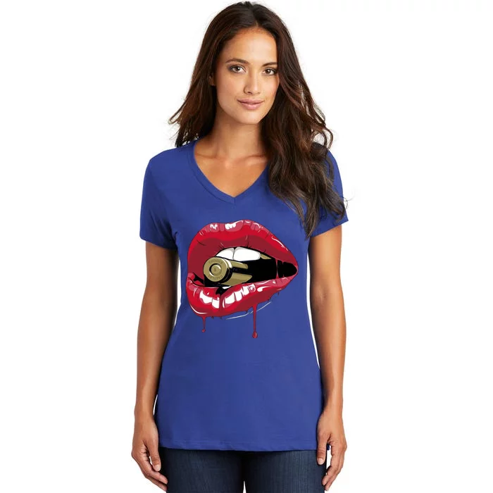 Biting The Bullet Red Lipstick Lips Gift Women's V-Neck T-Shirt