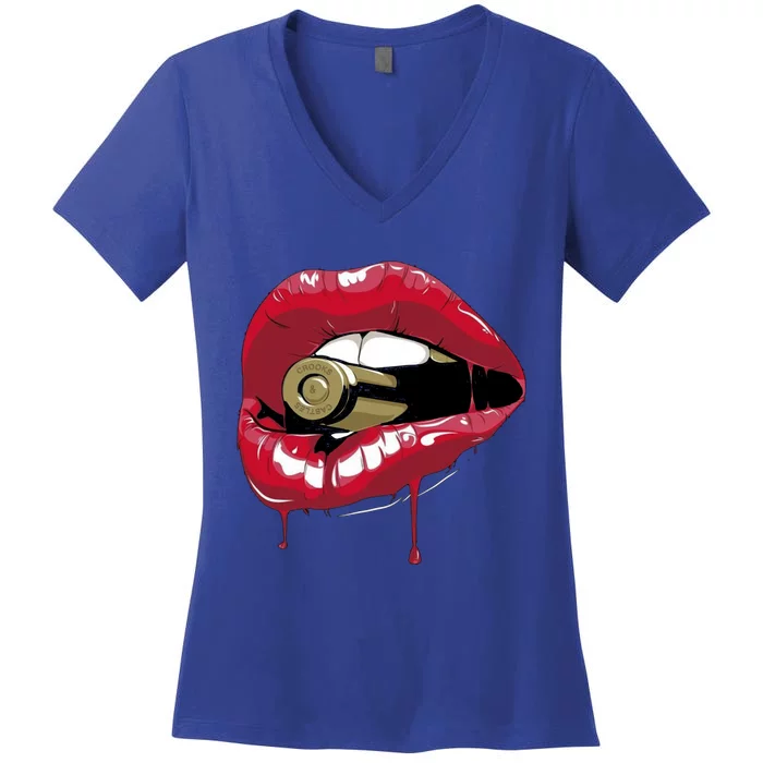 Biting The Bullet Red Lipstick Lips Gift Women's V-Neck T-Shirt