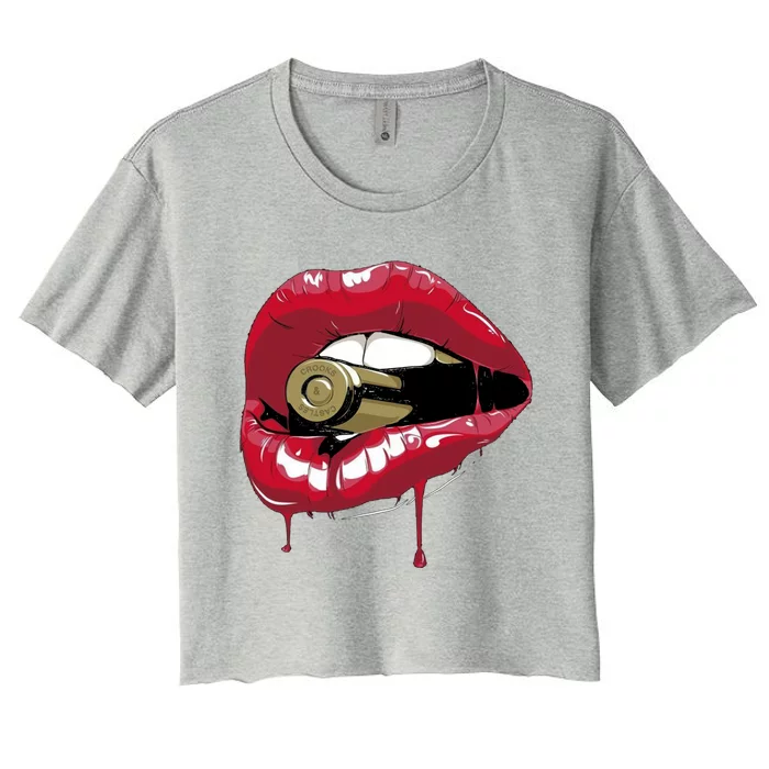 Biting The Bullet Red Lipstick Lips Gift Women's Crop Top Tee