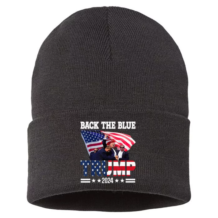 Back The Blue Trump 2024 Police American Flag Thin Blue Line Sustainable Knit Beanie