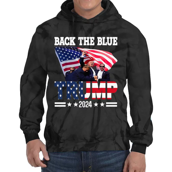 Back The Blue Trump 2024 Police American Flag Thin Blue Line Tie Dye Hoodie