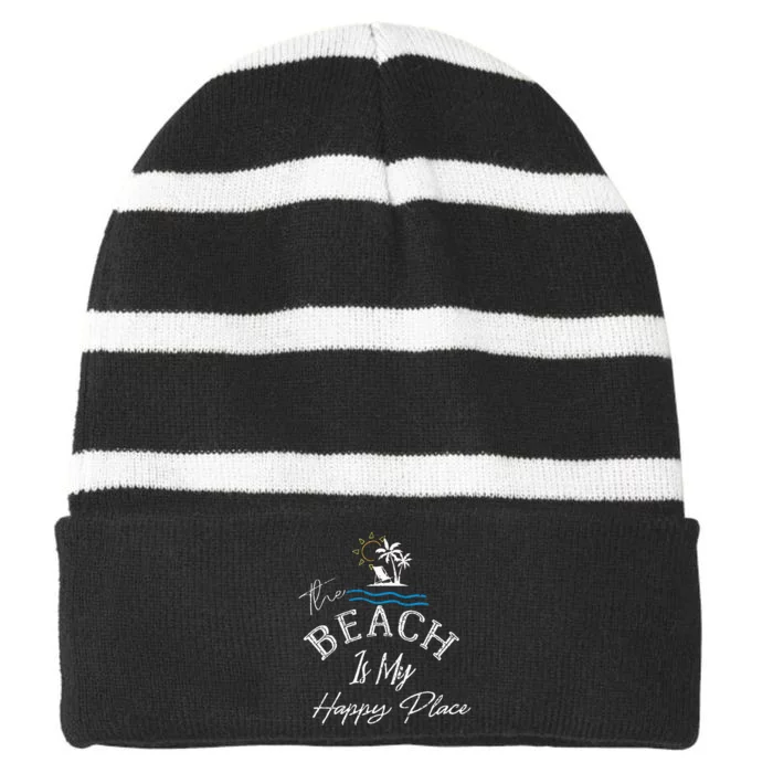 Beach The Beach Is My Happy Place Woman Striped Beanie with Solid Band