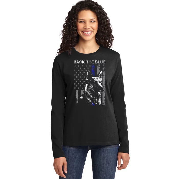 Back The Blue Thin Blue Line Flag K9 German Shepherd Police Ladies Long Sleeve Shirt