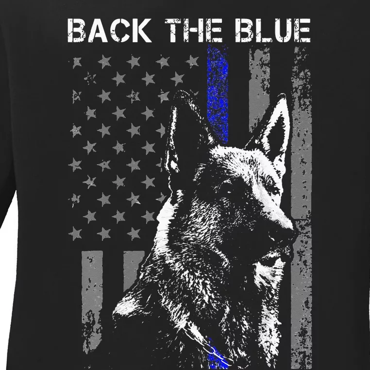 Back The Blue Thin Blue Line Flag K9 German Shepherd Police Ladies Long Sleeve Shirt