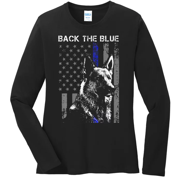 Back The Blue Thin Blue Line Flag K9 German Shepherd Police Ladies Long Sleeve Shirt