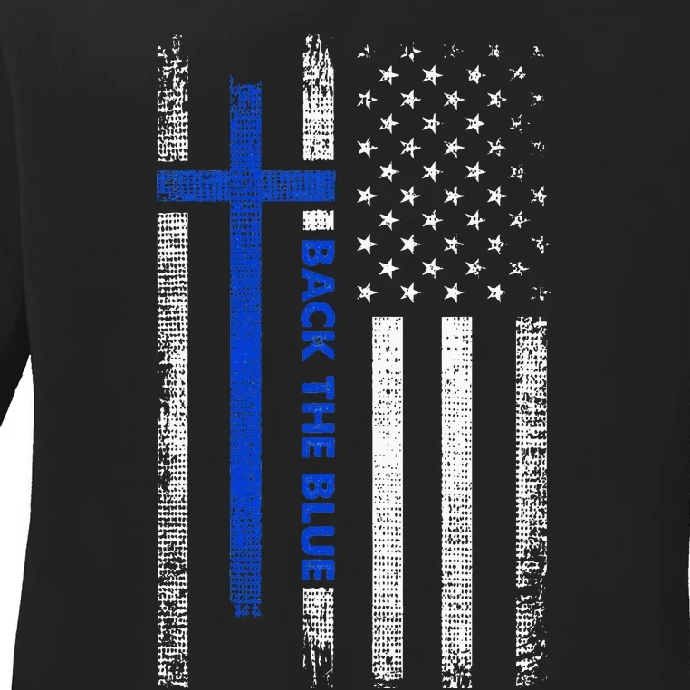 Back The Blue Jesus Faith Cross Police Thin Blue Line Flag Ladies Long Sleeve Shirt