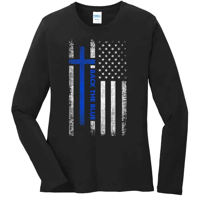 Back The Blue Jesus Faith Cross Police Thin Blue Line Flag Ladies Long Sleeve Shirt