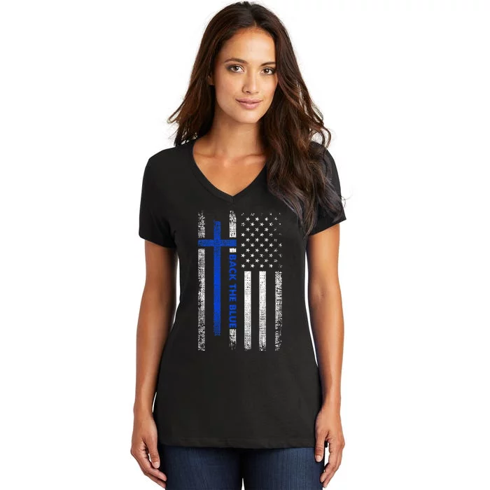 Back The Blue Jesus Faith Cross Police Thin Blue Line Flag Women's V-Neck T-Shirt