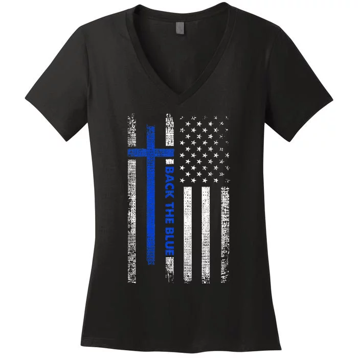 Back The Blue Jesus Faith Cross Police Thin Blue Line Flag Women's V-Neck T-Shirt