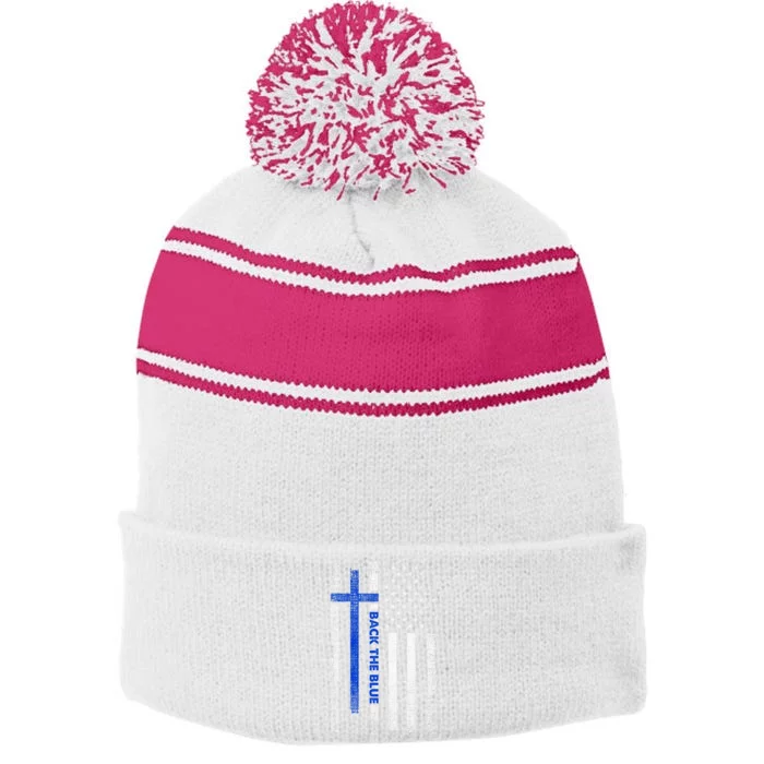 Back The Blue Jesus Faith Cross Police Thin Blue Line Flag Stripe Pom Pom Beanie