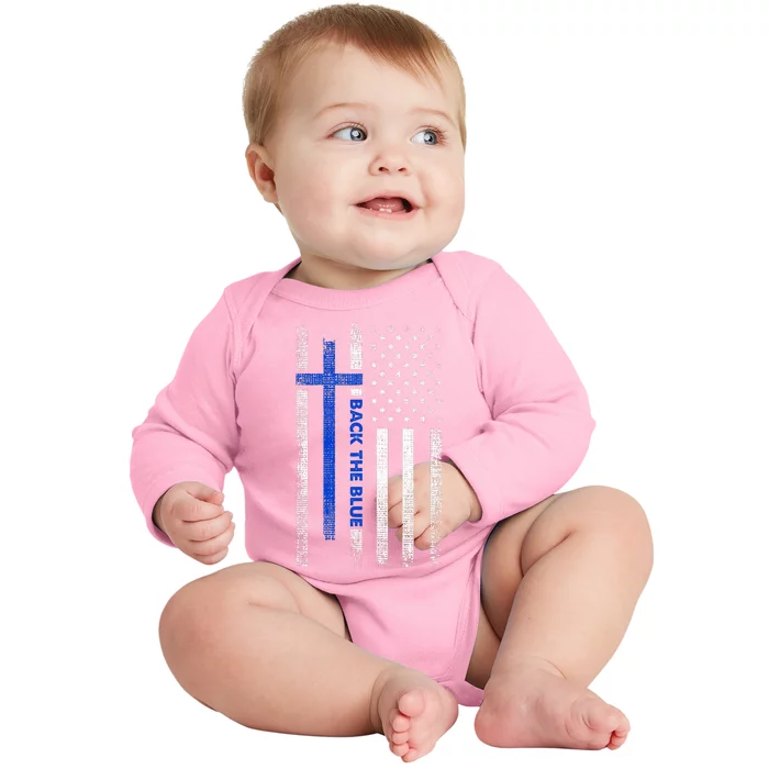 Back The Blue Jesus Faith Cross Police Thin Blue Line Flag Baby Long Sleeve Bodysuit