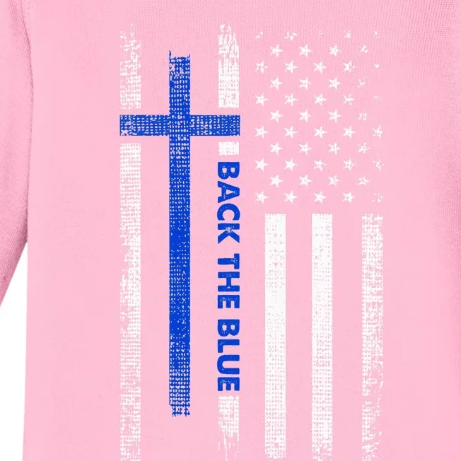 Back The Blue Jesus Faith Cross Police Thin Blue Line Flag Baby Long Sleeve Bodysuit