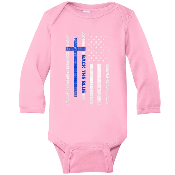 Back The Blue Jesus Faith Cross Police Thin Blue Line Flag Baby Long Sleeve Bodysuit