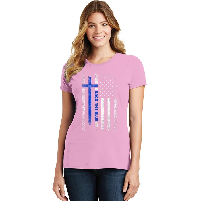 Back The Blue Jesus Faith Cross Police Thin Blue Line Flag Women's T-Shirt