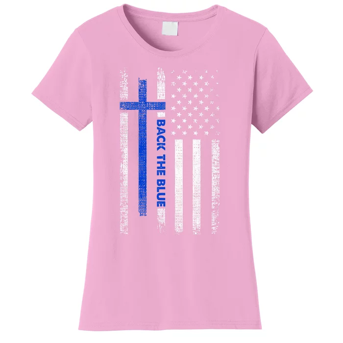 Back The Blue Jesus Faith Cross Police Thin Blue Line Flag Women's T-Shirt