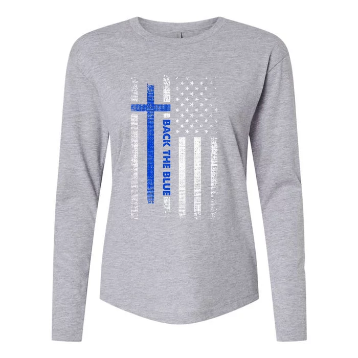 Back The Blue Jesus Faith Cross Police Thin Blue Line Flag Womens Cotton Relaxed Long Sleeve T-Shirt