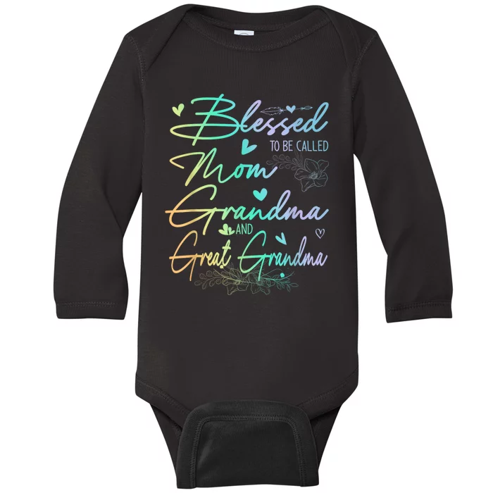 Blessed To Be Called Mom Grandma And Great Grandma Floral Baby Long Sleeve Bodysuit