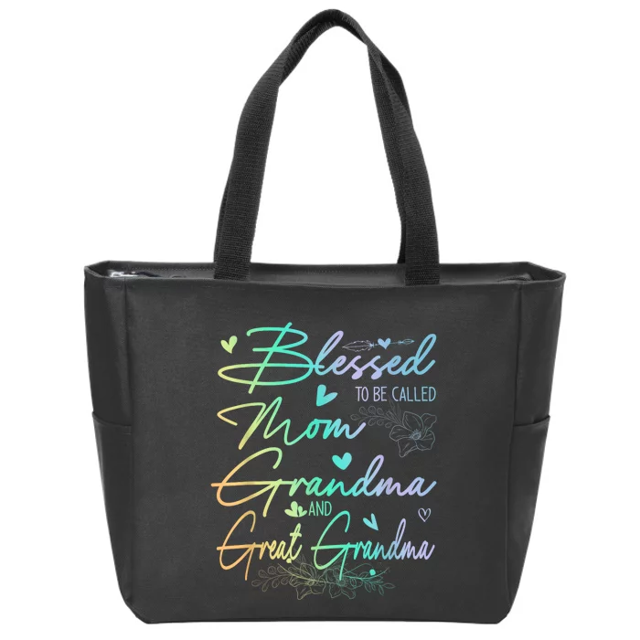 Blessed To Be Called Mom Grandma And Great Grandma Floral Zip Tote Bag