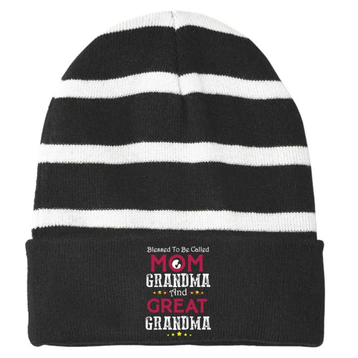 Blessed To Be Called Mom Grandma And Great Grandma Striped Beanie with Solid Band