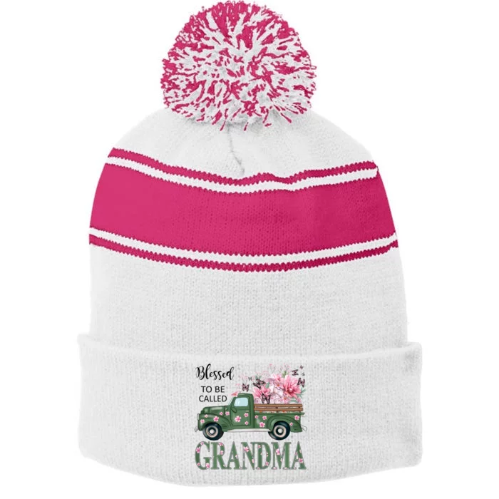 Blessed To Be Called Grandma Mother Day Birthday Christmas Stripe Pom Pom Beanie