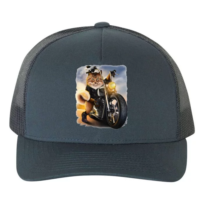 Biker Tabby Cat Riding Chopper Motorcycle Yupoong Adult 5-Panel Trucker Hat