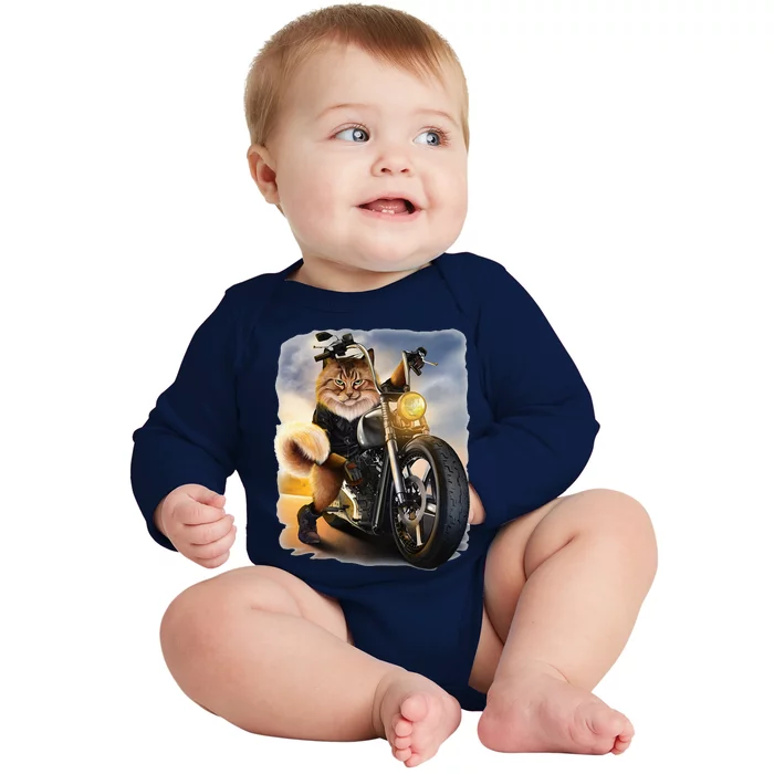 Biker Tabby Cat Riding Chopper Motorcycle Baby Long Sleeve Bodysuit