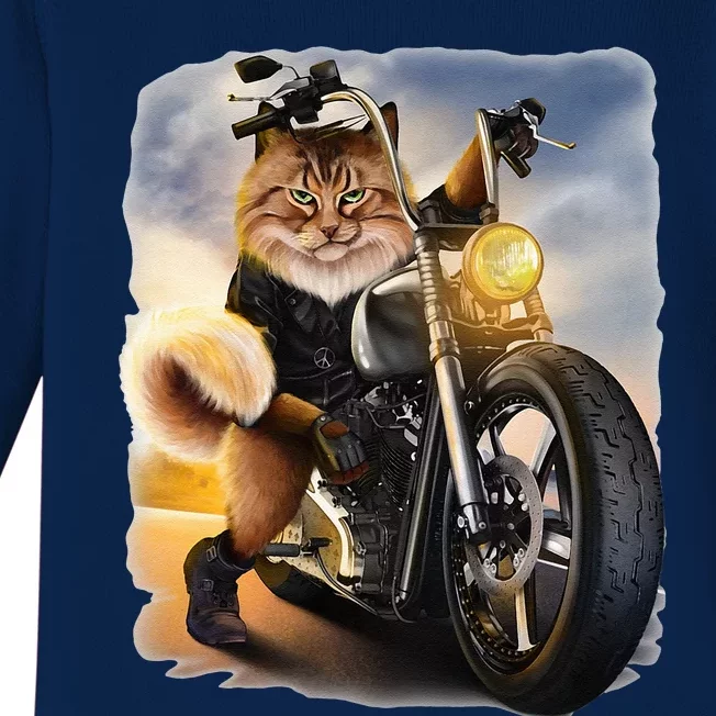 Biker Tabby Cat Riding Chopper Motorcycle Baby Long Sleeve Bodysuit