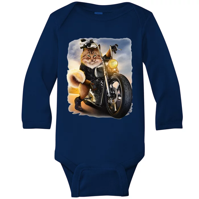 Biker Tabby Cat Riding Chopper Motorcycle Baby Long Sleeve Bodysuit