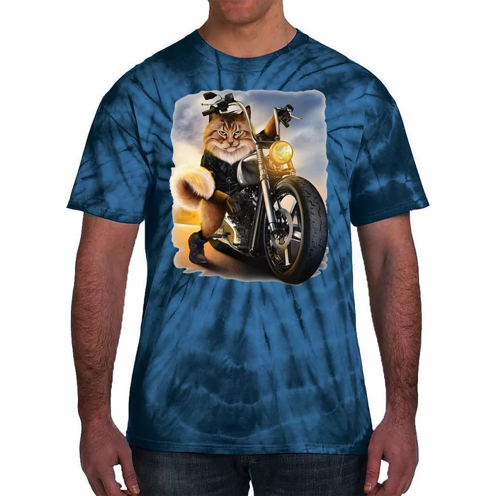 Biker Tabby Cat Riding Chopper Motorcycle Tie-Dye T-Shirt