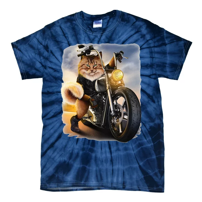 Biker Tabby Cat Riding Chopper Motorcycle Tie-Dye T-Shirt