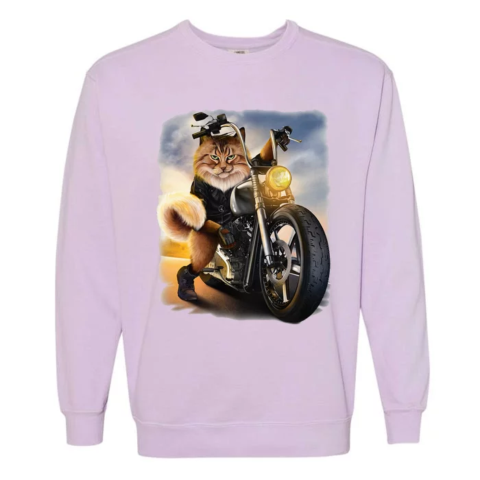 Biker Tabby Cat Riding Chopper Motorcycle Garment-Dyed Sweatshirt