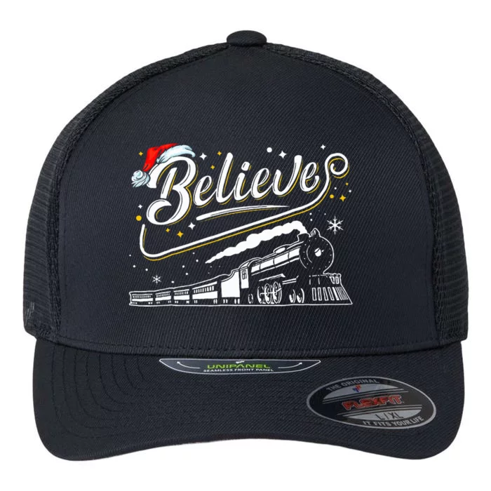 Believe Train Christmas North Pole Train Pajama Christmas Flexfit Unipanel Trucker Cap