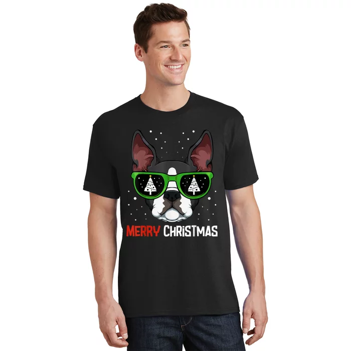 Boston Terrier Christmas Pajama Dog Sunglasses XMas Tree T-Shirt