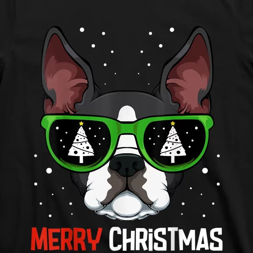 Boston Terrier Christmas Pajama Dog Sunglasses XMas Tree T-Shirt