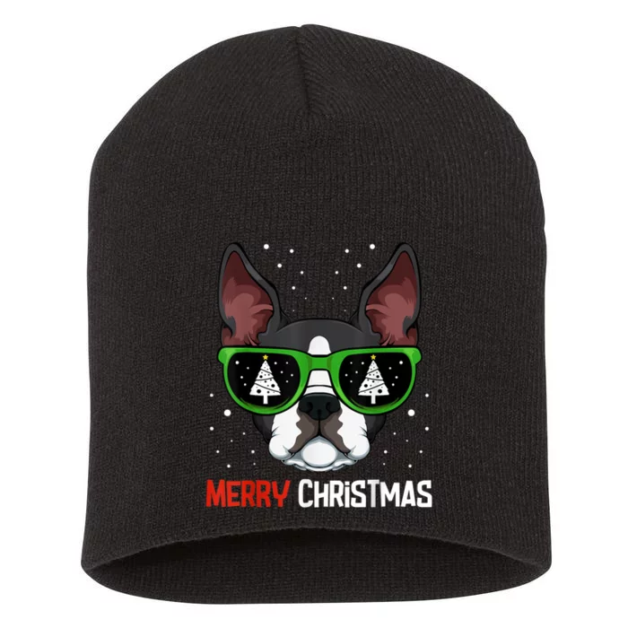 Boston Terrier Christmas Pajama Dog Sunglasses XMas Tree Short Acrylic Beanie