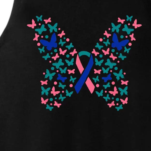 Butterfly Thyroid Cancer Awareness Ribbon Survivor Warrior Ladies Tri-Blend Wicking Tank