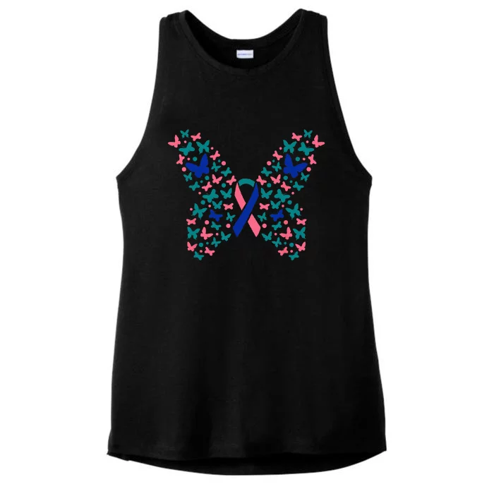 Butterfly Thyroid Cancer Awareness Ribbon Survivor Warrior Ladies Tri-Blend Wicking Tank