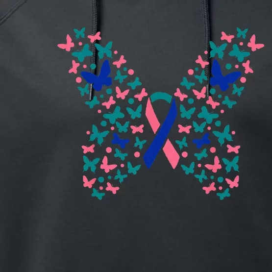 Butterfly Thyroid Cancer Awareness Ribbon Survivor Warrior Performance Fleece Hoodie