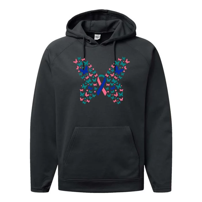 Butterfly Thyroid Cancer Awareness Ribbon Survivor Warrior Performance Fleece Hoodie