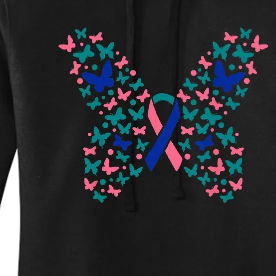 Butterfly Thyroid Cancer Awareness Ribbon Survivor Warrior Women's Pullover Hoodie